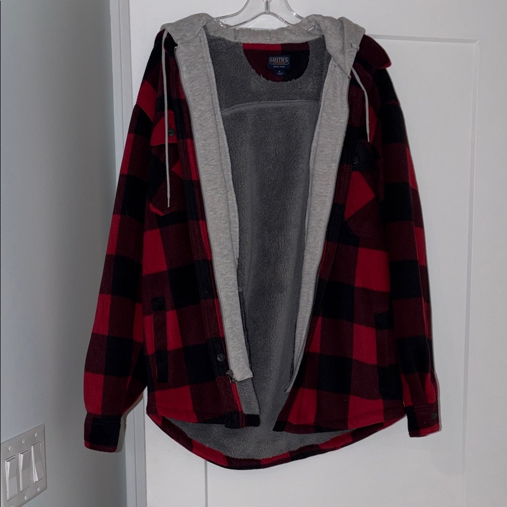 Men’s Red and Black Plaid Hooded Jacket lined with Sherpa